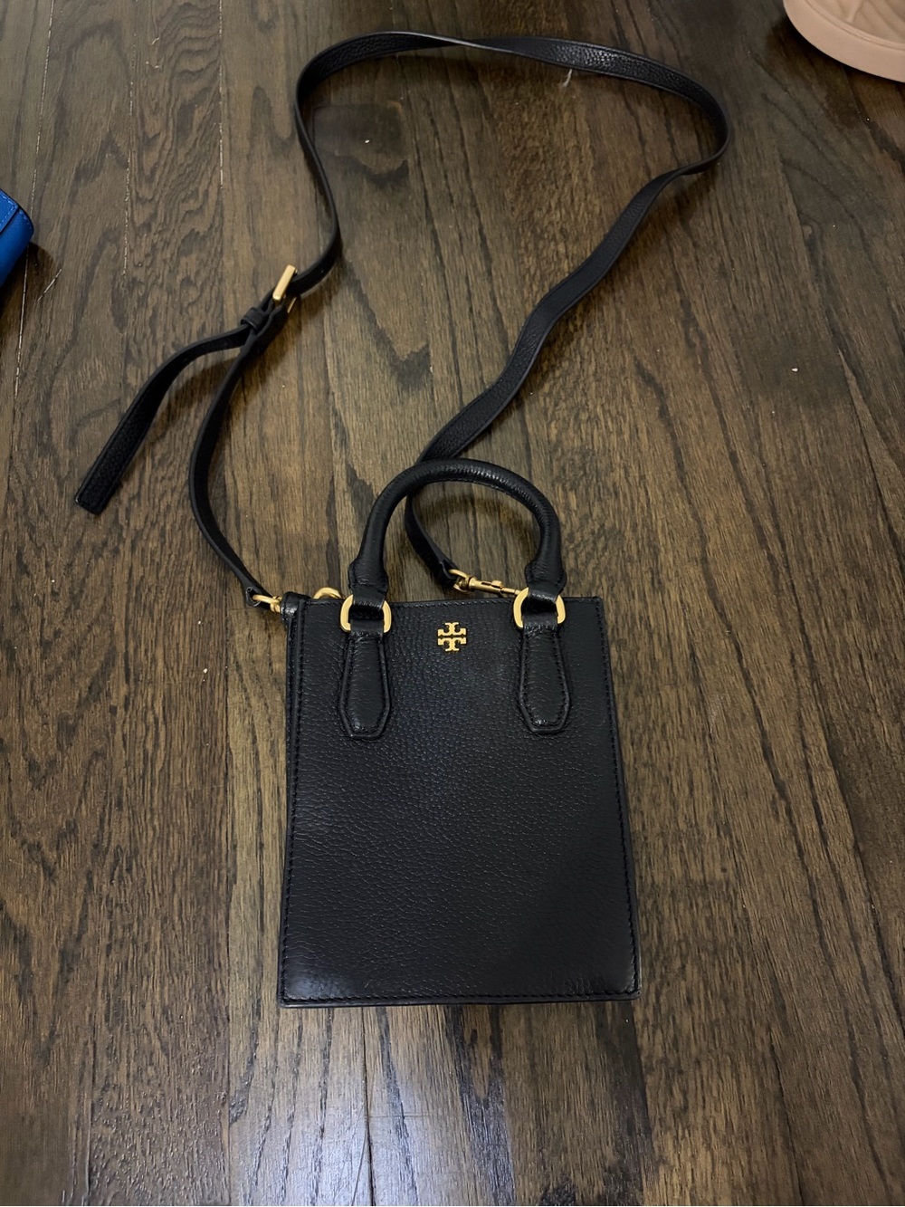 Tory Burch Black Pebbled Leather Mini Crossbody with Gold Hardware
